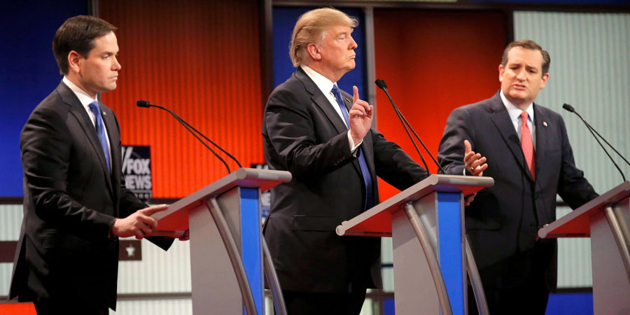 Marco Rubio, Donald Trump y Ted Cruz en debate presidencial
